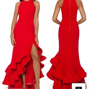 Betsy & Adam Ruffle Crepe Gown - Red